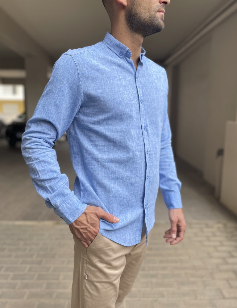 Ανδρικό λινό σιέλ πουκάμισο με γιακά 9631 φωτογραφία